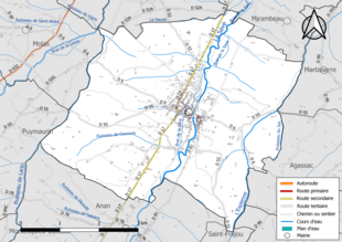 Carte en couleur présentant le réseau hydrographique de la commune