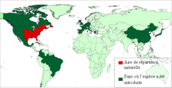 Distribución natural en vermello. Distribución como especie introducida en verde escuro