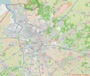 Mapa konturowa Antwerpii, w centrum znajduje się punkt z opisem „Royal Antwerp”, natomiast blisko centrum po lewej na dole znajduje się punkt z opisem „Beerschot”