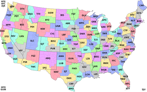 Map of NWS Weather Forecast Offices. Colors indicate area of responsibility, letters indicate each office's call sign. Alaska, Pacific and Puerto Rico offices are only indicated with call sign letters in the corners.