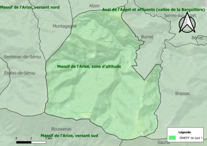 Carte des ZNIEFF de type 1 sur la commune.