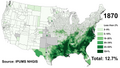 African Americans mapped to US counties in 1870, at their population peak dominance within the South before the Great Migration. Additional maps back to 1790 exist within the African Americans wiki page.