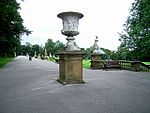 6 cast-iron urns on pedestals to terrace in People's Park