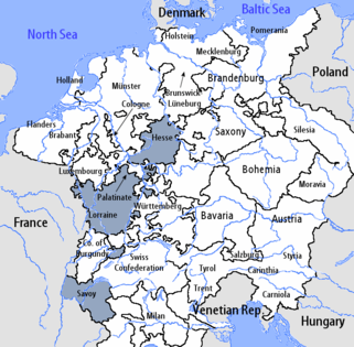 Mapa dos círculos imperiais no início do século XVI. O Círculo Superior do Reno é mostrado em cinza