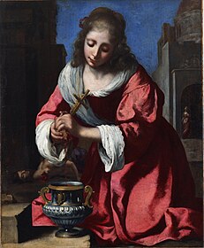 Attributed to Johannes Vermeer (after Felice Ficherelli). Saint Praxedis. 1655. oil on canvas medium QS:P186,Q296955;P186,Q12321255,P518,Q861259 . 101.6 × 82.6 cm.