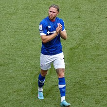 Wes Burns applauds the Ipswich fans at Pride Park after Town beat Derby County