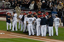 Yankees celebrate Derek Jeter after Jeter breaks record for hits in Yankee history. Yankees Celebrate Jeter Hit -2722.jpg