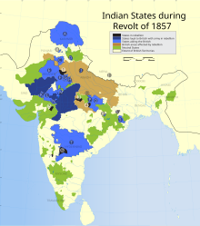 Map of India during the Indian Rebellion of 1857.