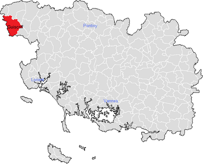 Carte représentant par des couleurs différentes l'emplacement d'une commune au sein de son département.