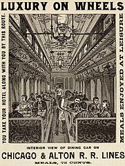 An 1880s print advertisement extolling the virtues of meal service aboard the Chicago and Alton Railroad