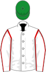 White, red seams on sleeves, green cap