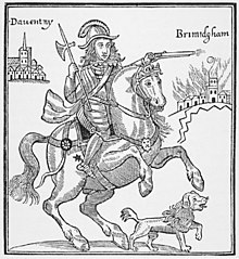 The picture centres on Rupert riding a horse, with his pet dog beneath him. Rupert is holding a small pike and firing a pistol, and is clad in armour. On the left is a small representation of the town of Daventry; on the right a depiction of Birmingham, ablaze.