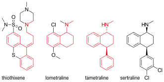 Skeletal formulae of thiothixene, lometraline and tametraline, from which sertraline was derived. Commonalities to the structure of sertraline are highlighted in red. Sertraline precursors.svg