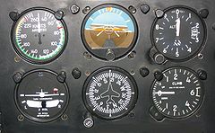 The six basic flight instruments.
Top row (left to right): airspeed indicator, attitude indicator, altimeter.
Bottom row (left to right): turn coordinator, heading indicator, vertical speed indicator. Six flight instruments.JPG