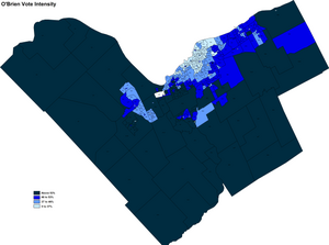 The distribution of O'Brien vote in the 2006 election. He did best in the rural areas and the outer suburbs. 2006 O'Brien vote.png