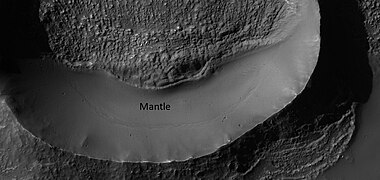 Latitude dependent mantle, as seen by HiRISE under HiWish program. This smooth appearing material is rich in ice and falls from the sky at times.