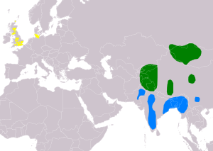 verde: reproduktejo (somere); blue: vintra loko; flave: nedenaska/enkondukita