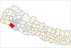 Bardiya District i Bheri Zone (grå) i Mid-Western Development Region (grå + lysegrå)