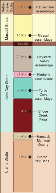 Timeline showing the major rock strata and fossil groups (assemblages) in the park in the order they were deposited, from bottom (oldest) to top (youngest) as they appear in nature. "Ma" stands for megaannus, "million years ago". Joda geologic timeline.png