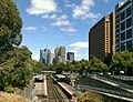 Westbound view of Jolimont station and platforms with views of Melbourne CBD, February 2013