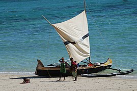 Traditional fishing lakana with distinctive Austronesian Crab-claw sail from Madagascar