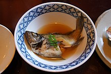 Seaperch poached with ginger, soy sauce, mirin, sugar, sake, and water. Maruyoshi Murotsu Tatsuno Hyogo08s3200.jpg