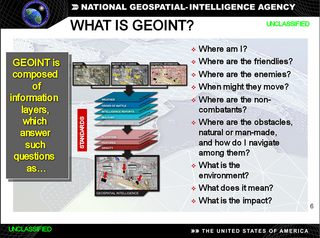 <span class="mw-page-title-main">Geospatial intelligence</span> Information on military opponents location