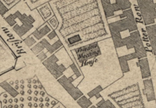 The first meeting-house shown in William Edgar's map of 1742 Bristo Church 1742.png