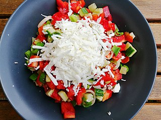 <span class="mw-page-title-main">Shopska salad</span> Bulgarian salad popular in Southeastern Europe