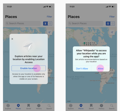 Two screenshots from the iOS app. Left shows the dialog to Explore articles nearby by Enabling location. Right show's the Apple system dialog to allow Wikipedia to access location while using app.