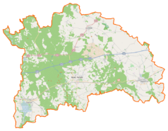 Mapa konturowa powiatu nowotomyskiego, po prawej nieco na dole znajduje się punkt z opisem „Parafia św. Józefa”