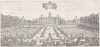 Drottningholm i 1692, fra Suecia antiqua et hodierna. Kobberstikk av Wilhelm Swidde. Venstre bilde: Fasade mot vest med et idealbilde av Broderiparterren. Høyre bilde: Fasade mot øst med havneanlegget.