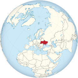 Ukraine (claims hatched) on the globe (Europe centered)