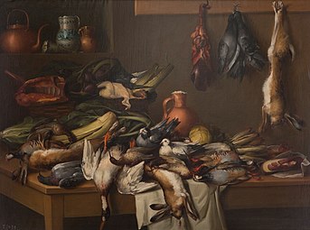 Pantry shelf, pitchers, and hunted game — various birds and hares. Kitchen Still Life with Game and Vegetables by José María Corchón; 1850–55, 140 × 187 cm, Prado Museum.