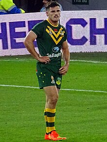 Cleary playing for the Kangaroos in 2022 Nathan Cleary Kangaroos.jpg