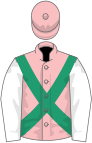 Pink, emerald green cross belts, white sleeves