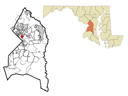 Location of Cheverly in Prince George's County (left) and in Maryland (right)