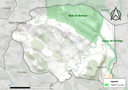 Carte des ZNIEFF de type 1 sur la commune.