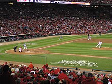 Chris Carpenter pitches to Mike Napoli in the 2nd inning of Game 7 of the 2011 World Series. 2011 World Series Game 7 Inning 2 Carpenter.jpg