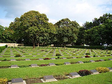 Cemetery with trees and monuments at ground level