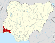 Abeokuta is located in Ogun State shown here in red.