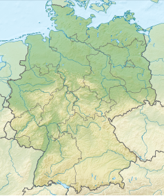 Mapa konturowa Niemiec, po prawej znajduje się punkt z opisem „źródło”, natomiast blisko centrum na prawo znajduje się punkt z opisem „ujście”