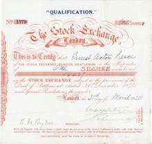 Stock certificate of the London Stock Exchange, issued on 31 March 1920, declared as a qualification share. The capital of the Exchange from its incorporation consisted of 20,000 shares held only by its members, with trustees and directors required to hold 10 qualification shares.