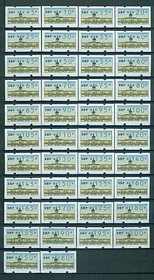 A selection of variable value stamps showing the range of values that may be selected 1987-05-04-automat-berlin-3-100.JPG