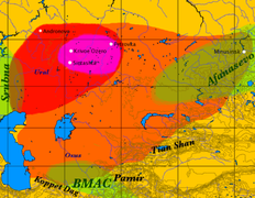 The Andronovo culture's approximate maximal extent, with the formative Sintashta-Petrovka culture (red), the location of the earliest spoke-wheeled chariot finds (purple), and the adjacent and overlapping Afanasevo, Srubna, and BMAC cultures (green).