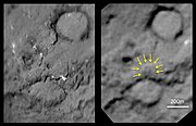 'Before and after' comparison images from Deep Impact and Stardust, showing the crater formed by Deep Impact on the right hand image.