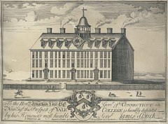 Yale's first building, the College House, featuring Yale University's seal Johnston's View of Yale College.jpeg