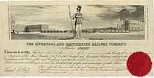 Gründeraktie der Liverpool and Manchester Railway Company, gedruckt auf Pergament, ausgegeben am 28. Dezember 1826.