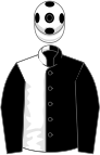 Black and white (halved), black sleeves and spots on white cap