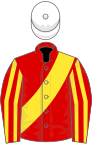 Red, yellow sash, striped sleeves, white cap